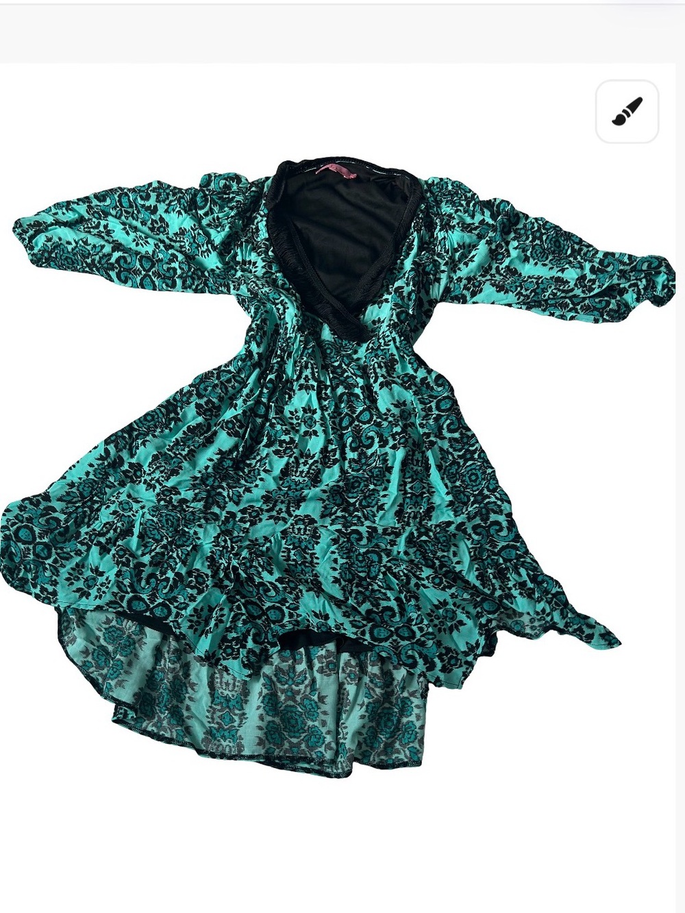 Eva Franco Teal and Black Floral-Print Long Sleeve Dress